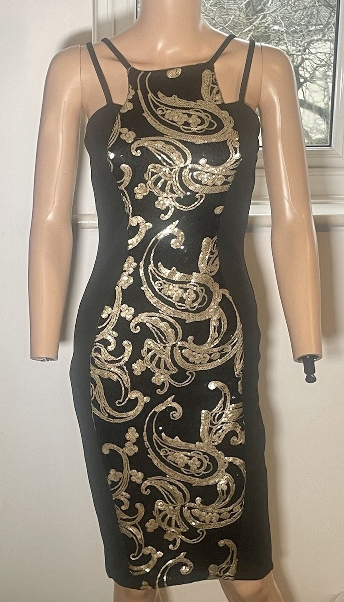 Boohoo Black Dress With Sequins Gold Paisleys Print Front Panel Size 8 |  eBay UK