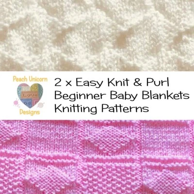 Knitting Patterns for Baby Blankets x 2, Interlocking & Diamond Squares, Easy