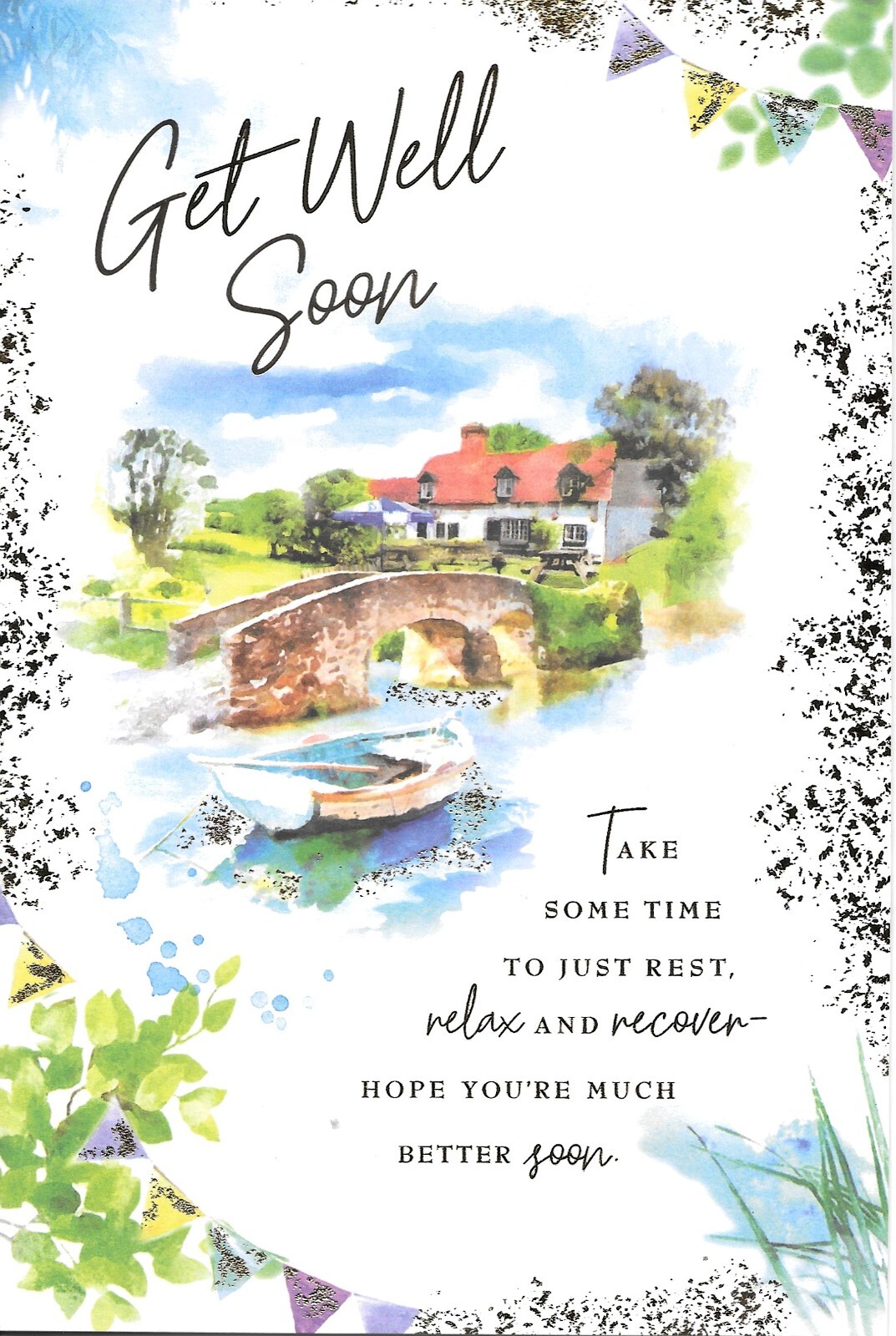 GET WELL GREETINGS CARD -  BOAT, BRIDGE, RIVER