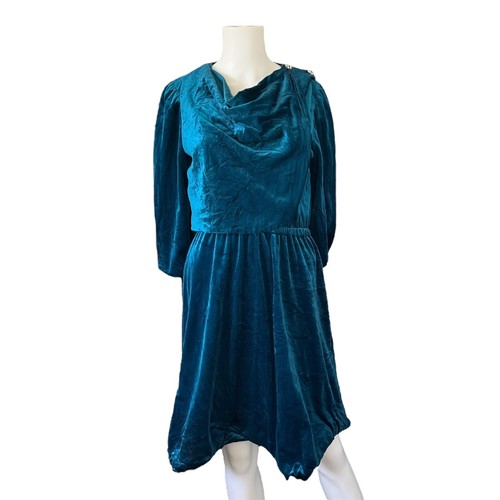 Vintage Teal Velvet Dress Draped Neck Knee Length