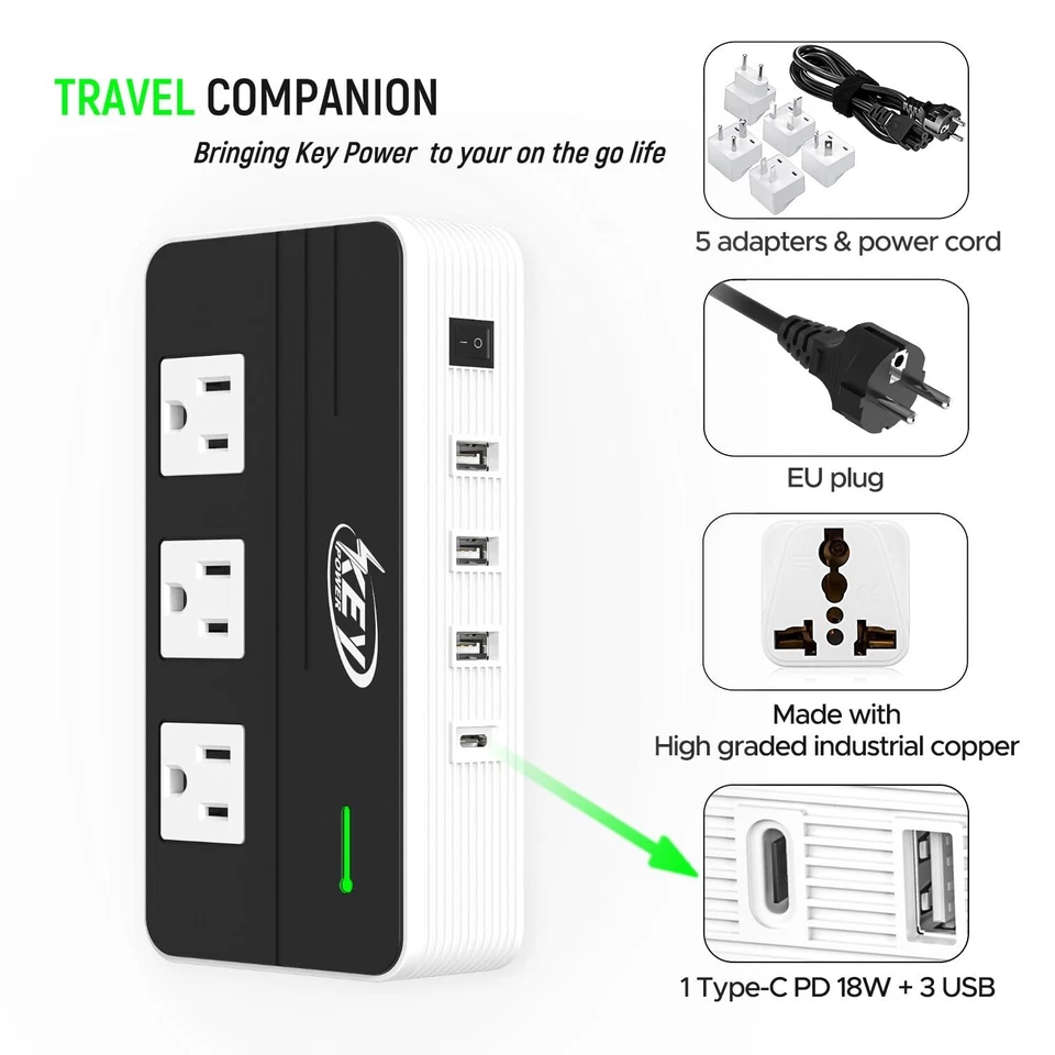 220V to 110V Step Down Voltage Converter 2-Outlet 4 USB Travel Adapter Converter - Image 2 of 4