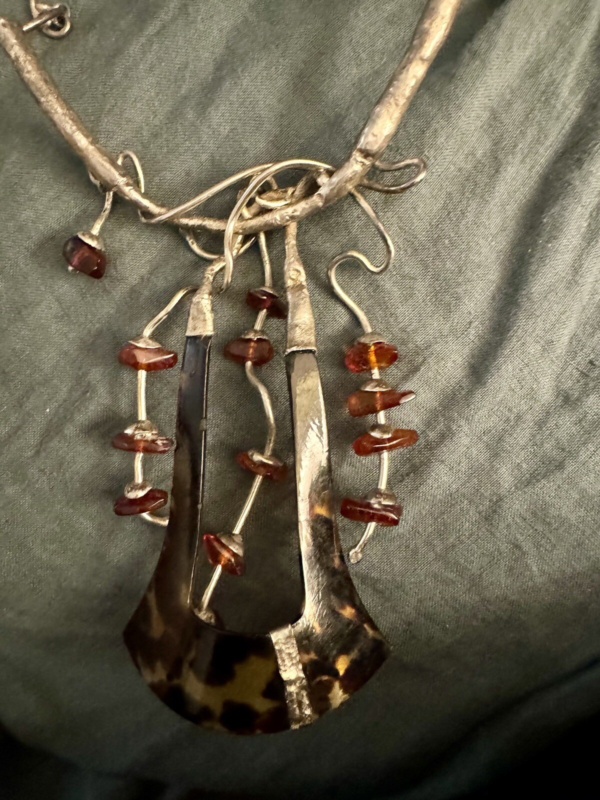 Artisan Signed Statement Necklace Amber Sterling … - image 6