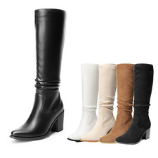 Women Knee High Boots Low Chunky Block Heel Pointed Toe Zip Up Riding Boots