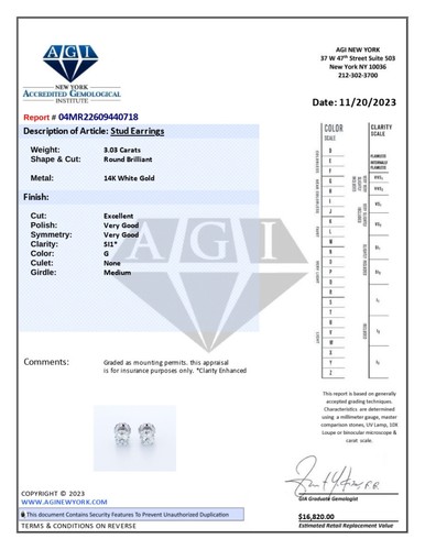 KLASSISCHE OHRSTECKER 3,0 CTW NATÜRLICHE DIAMANTEN G/SI1 RUNDSCHLIFF 14 K WEISSGOLD VIERKRAPPEN - Bild 10 von 12