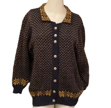 Vitabella Norway Blue Gold V Stitch Snowflake 100% Wool 8 Button Cardigan Sz Sm