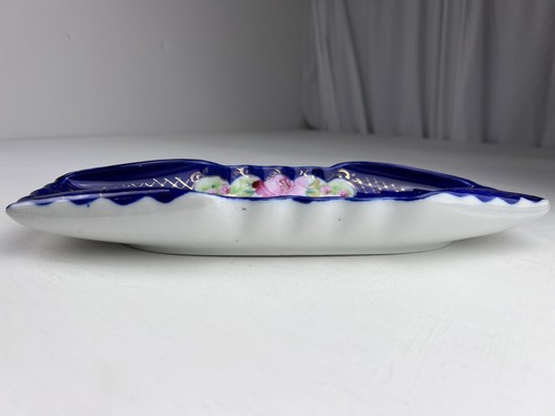 Vintage Ultramarine Blue Gilt Pink Roses Hand-Painted Relish Candy Decor Dish - Picture 5 of 9