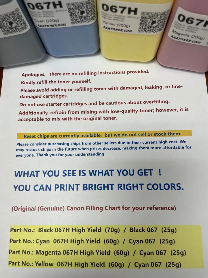 (200g x 4) Recarga de tóner para Canon MF656Cdw, 633, 632, 652, 653, 654 (067, 067H) - Imagen 2 de 4