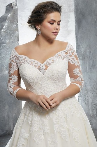 Plus Size Wedding Dresses Off Shoulder Half Sleeves A-line Lace Applique Gowns - Picture 3 of 10
