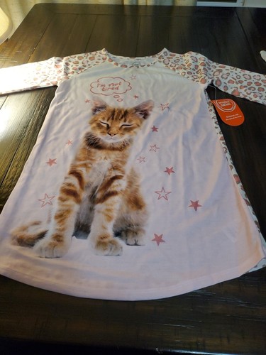 NWT ! WONDER NATION GIRLS LONG SLEEVE SLEEP GOWN PAJAMA CAT SIZE S (6-6X)