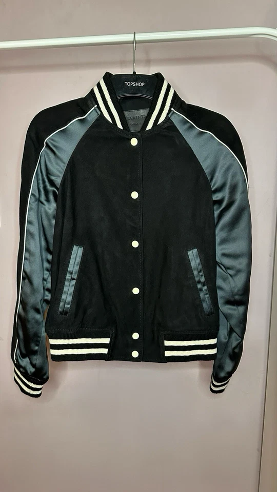 All Saints Epton Black/Blue Suede Satin Leather Bomber Jacket Size S - Image 4 of 4