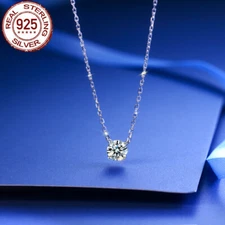 Solitaire Round CZ 925 Sterling Silver Chain Link Pendant Necklace White Jewelry