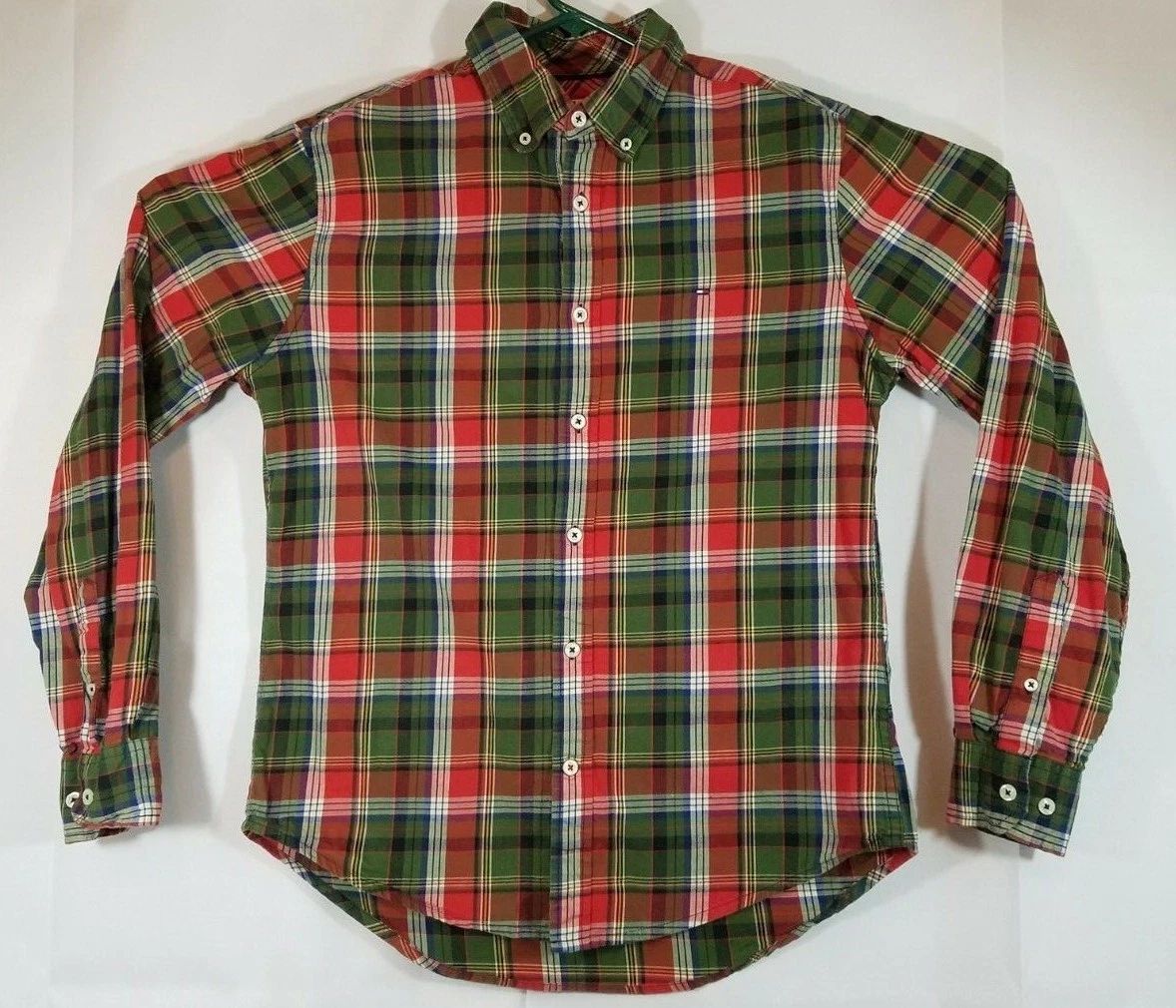 Tommy Hilfiger Mens Shirt Red Green Striped Coupe Sur Mesure Custom Fit Medium