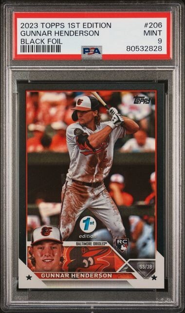 2023 TOPPS 1ST EDITION GUNNAR HENDERSON PSA 9 MINT BLACK FOIL 07/25 #206 RC