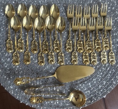 New BMF Gold Plated Dessert 23pSet Sugar/Tea Spoons, Tongs, Cake Forks & Server