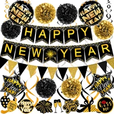 Happy New Year Banner Set Balloons Pom Poms Streamers Party New Year Decor