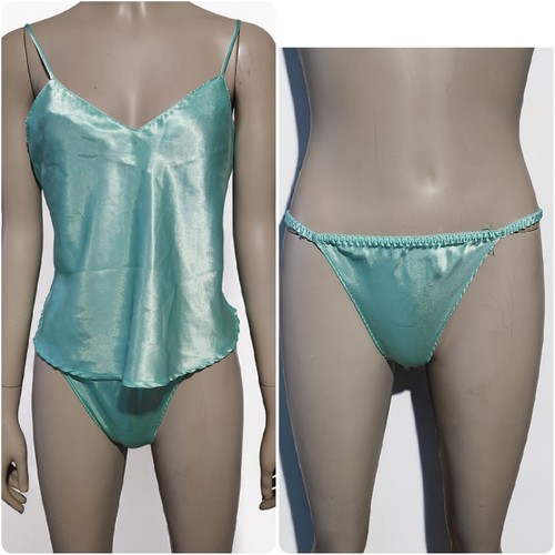 Vintage Victoria's Secret Gold Label Satin Camisole Set Womens L Teal Aqua 80s
