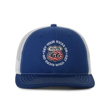 Royal Blue Route 66 Trucker Hat โ Made in USA, "Get Your Kicks On"
