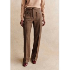 Sezane Dan Trousers Brown Houndstooth Wool Blend Wide Leg Pants Size 38