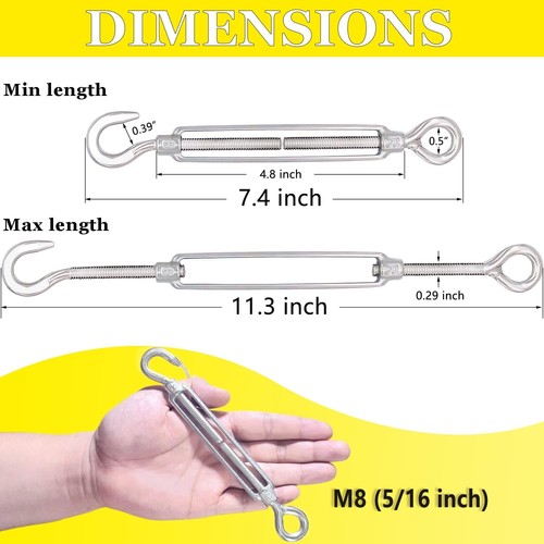 M8 Adjustable Turnbuckle Hooks - 10PCS 304 Stainless Steel for Tightening Cables - Foto 4 di 8