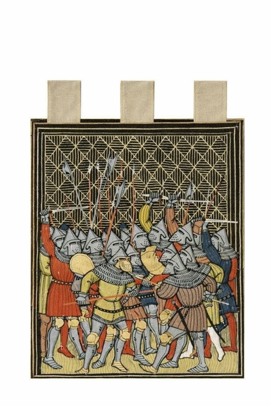Enluminure faite main de chevaliers, peinture médiévale de prestige 110x90