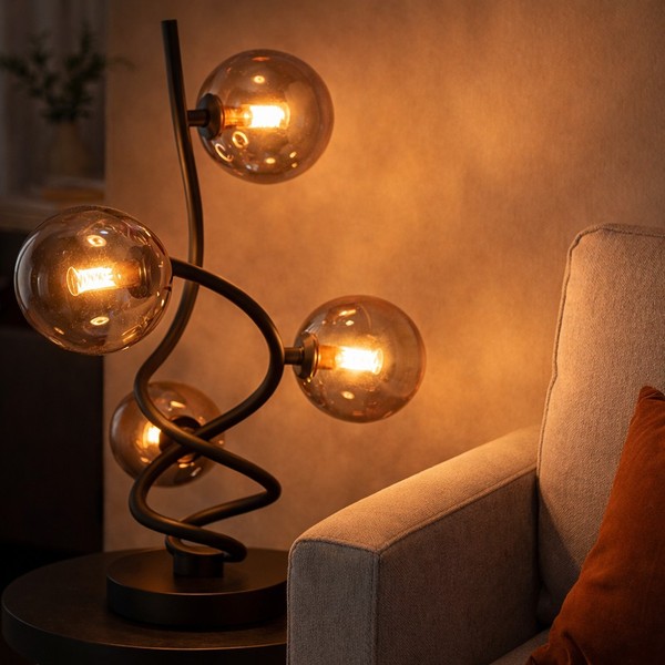 Tischlampe Tischleuchte Schlafzimmerlampe Schwarz Rauchglas 4 Flammig Led H 52Cm-image