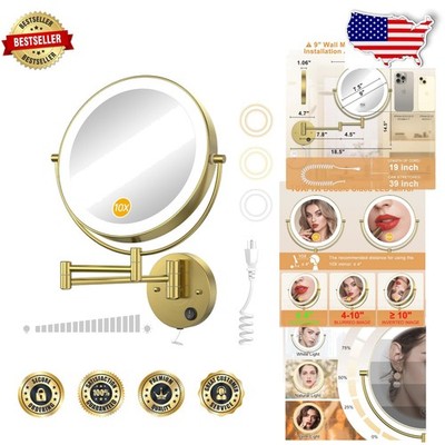 9'' Bathroom Mirror, Extendable Arm, Stepless Dimming, Gold Finish