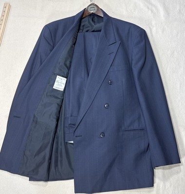 Vintage Oleg Cassini Couture Double Breasted 100% Wool Suit Blue Striped 44L