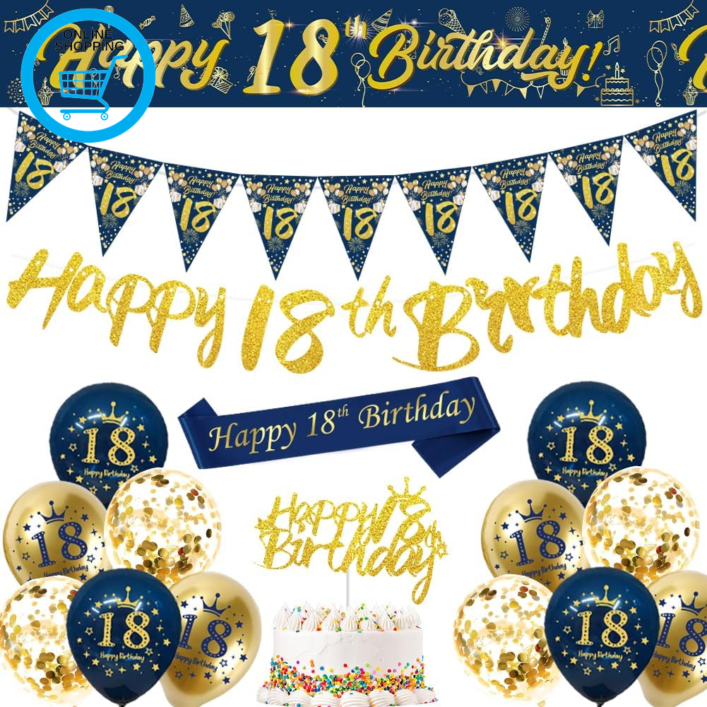18Th Birthday Decorations Men,Blue Gold Happy 18Th Birthday Banner,18Th Birthday