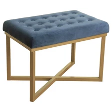 HomePop Velvet Bench Ottoman Tufted Metal Frame Modern Steel Bedroom Blue