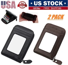 2PCS Men Genuine Leather Wallet Credit Card Holder RFID Blocking Zipper Pocket