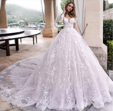 A Line Lace Wedding Dresses Elegant Applique Long Sleeve Bride Cathedral Train