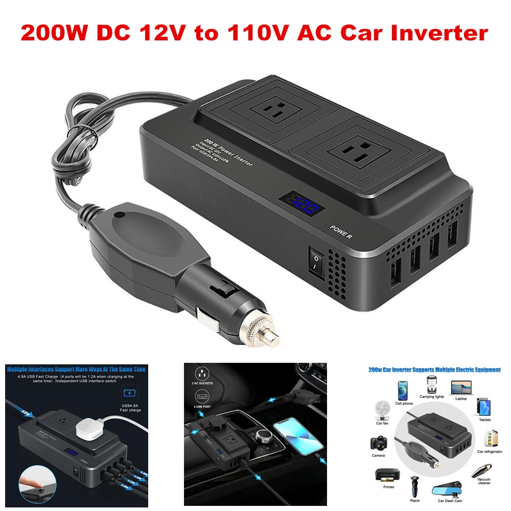 200W Car Power Inverter DC12V to 110VAC Car Inverter 4 USB Ports Charger  Adapter