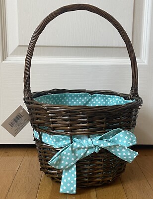 EASTER WICKER 10  BASKET TEAL W/WHITE POKA DOTS-CELEBRATE IT-HOLIDAY HOME DECOR