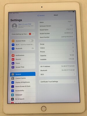 Apple iPad Air 2 16GB Wi-Fi Only 9.7” A1566 GOLD Colour + Touch ID