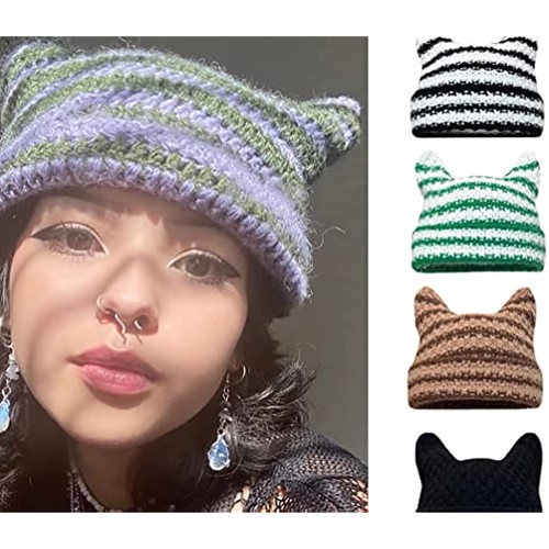 Slouchy Cat Ear Hat Grunge Accessories Crochet Knitted Cap for Women - Picture 4 of 7