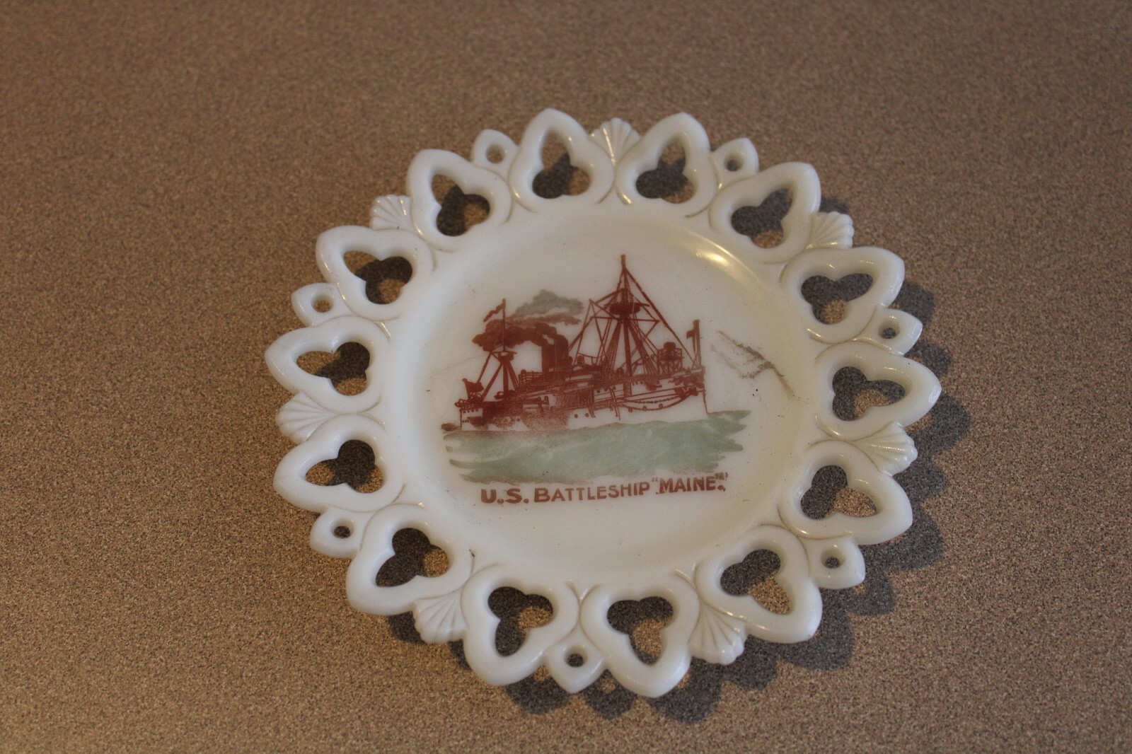 Vintage Decorative Souvenir Milk Glass Dish Plate U.S. Battleship