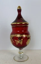 Vintage Dark Red Glass Apathacary Candy Jar with Lid Gold Accents and Trim