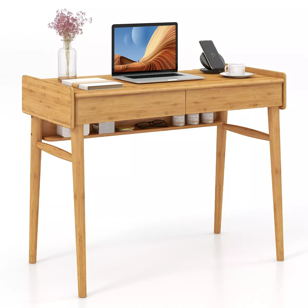 Modern Bamboo Computer Desk Study Writing Desk Workstation W 2