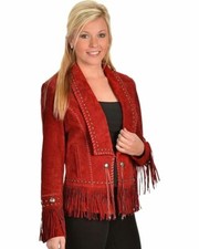 Women Western Cowgirl Suede Jacket Red Leather Fringe Beaded Coats