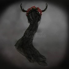 Deer Antlers Headband Red Roses Black Veil