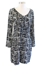 NWT Aryeh Black Off White Abstract Print V Neck Bow Sweater Knit Tunic Dress M