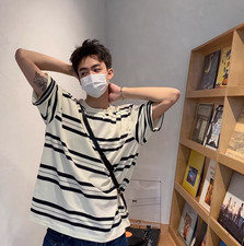 Men's Summer Round Collar Short Sleeve Loose Stripe Fashion T-shirt Youth Tee