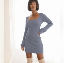 LuLu’s Best Guess Dusty Blue Ribbed Bodycon Sweater Dress Size Large
