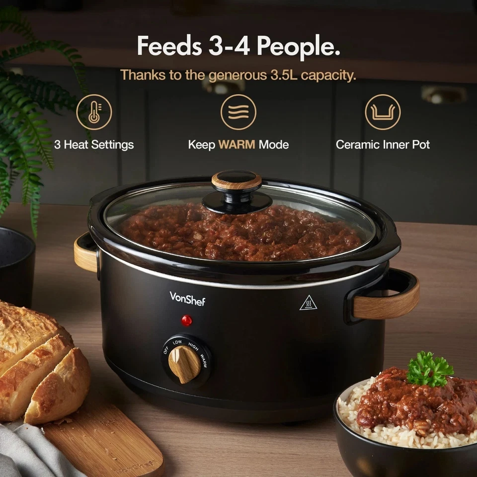 VonShef Slow Cooker 3.5L - Removable Non-stick Ceramic Bowl & Tempered Glass Lid - Image 2 of 4