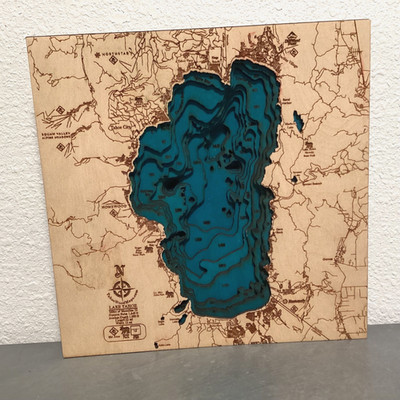 3D Lake Tahoe Wood Carved Depth Chart with Key Land Sites 10 x10 