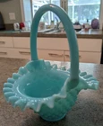 Beautiful Vintage Turquoise Fenton Hobnail Glass Basket 7.5" Tall