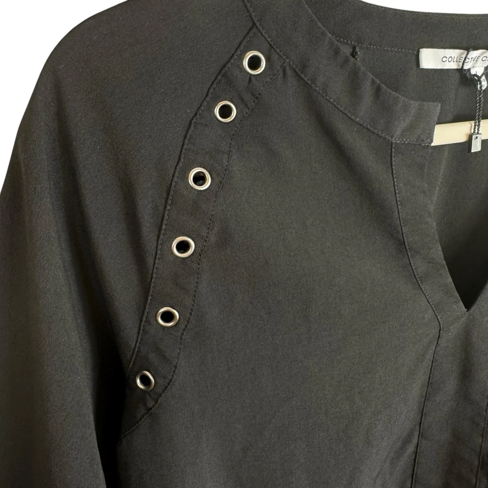 Blusa Ligera Collective Concepts Nueva Sin Etiquetas Negra Manga Larga Cuello Dividido Remache L Foto 3 de 4