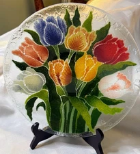 Vintage Peggy Karr Fused Glass Bowl Plate with Tulips Floral Signed A12