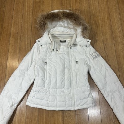 Vintage Iceberg Jacke S Y2K weiß Pelzbesatz gefüttert Kapuze Daunen Stepp Puffer