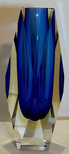Murano Italy MANDRUZZATO Sommerso Blue Amber Glass Bud Vase 6.75” Tall, Vintage